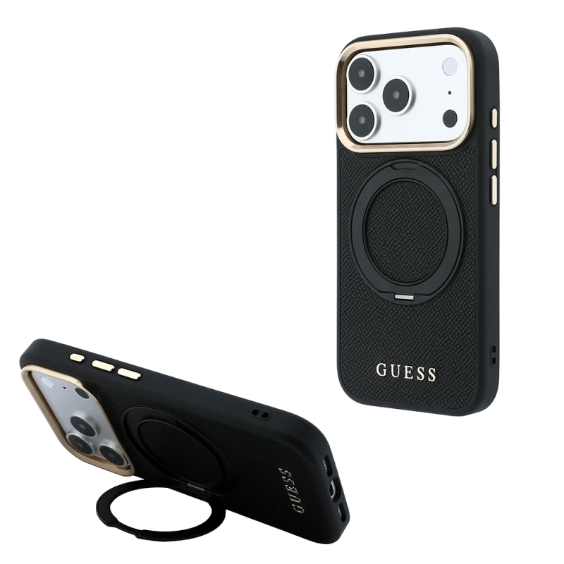 Apple iPhone 18 Pro Max Kılıf Guess Orjinal Lisanslı M-safe Şarj Özellikli 360 Derece Dönebilen Standlı PU Metal Yazı Logolu Kapak - 9