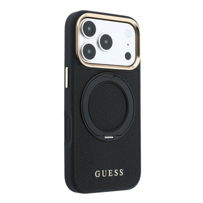 Apple iPhone 18 Pro Max Kılıf Guess Orjinal Lisanslı M-safe Şarj Özellikli 360 Derece Dönebilen Standlı PU Metal Yazı Logolu Kapak - 12