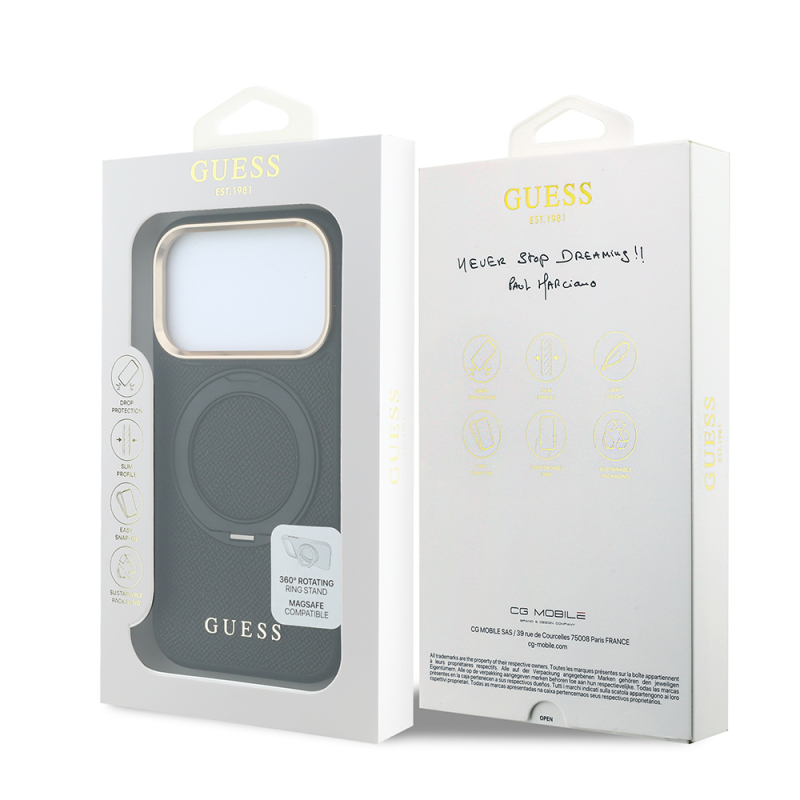 Apple iPhone 18 Pro Max Kılıf Guess Orjinal Lisanslı M-safe Şarj Özellikli 360 Derece Dönebilen Standlı PU Metal Yazı Logolu Kapak - 16