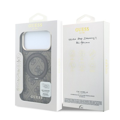 Apple iPhone 18 Pro Max Kılıf Guess Orjinal Lisanslı M-safe Şarj Özellikli 4G Desenli 360 Derece Dönebilen Standlı Metal Yazı Logolu Kapak - 24