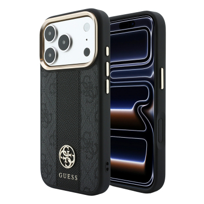 Apple iPhone 18 Pro Max Kılıf Guess Orjinal Lisanslı M-safe Şarj Özellikli Deri 4G Desenli Şeritli Yazı Logolu Kapak - Guess