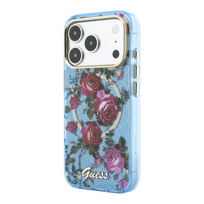 Apple iPhone 18 Pro Max Kılıf Guess Orjinal Lisanslı M-safe Şarj Özellikli Gül Desenli Simli Yazı Logolu Kapak - 3