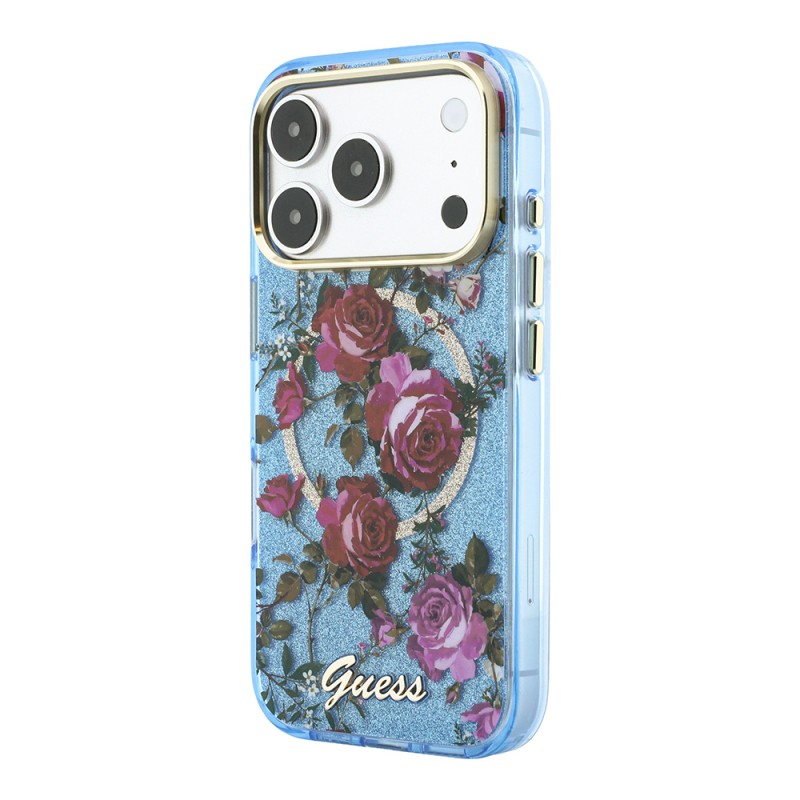 Apple iPhone 18 Pro Max Kılıf Guess Orjinal Lisanslı M-safe Şarj Özellikli Gül Desenli Simli Yazı Logolu Kapak - 3