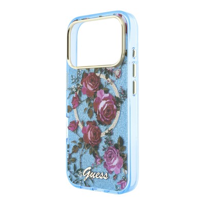 Apple iPhone 18 Pro Max Kılıf Guess Orjinal Lisanslı M-safe Şarj Özellikli Gül Desenli Simli Yazı Logolu Kapak - 7