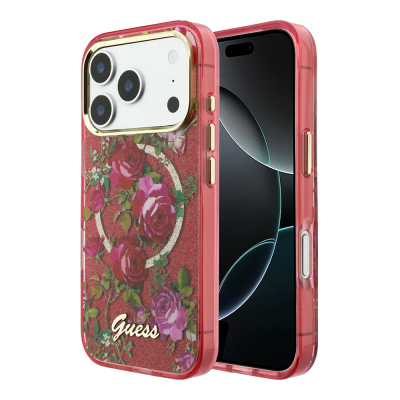 Apple iPhone 18 Pro Max Kılıf Guess Orjinal Lisanslı M-safe Şarj Özellikli Gül Desenli Simli Yazı Logolu Kapak - Guess