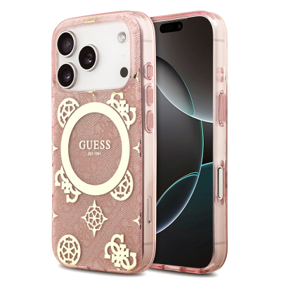 Apple iPhone 18 Pro Max Kılıf Guess Orjinal Lisanslı M-safe Şarj Özellikli IML Peony ve 4G Desenli Klasik Logolu Kapak - Guess