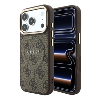 Apple iPhone 18 Pro Max Kılıf Guess Orjinal Lisanslı M-safe Şarj Özellikli Metal Kamera Çerçeveli C-Magnet 4G Desenli Yazı Logolu Kapak - Guess
