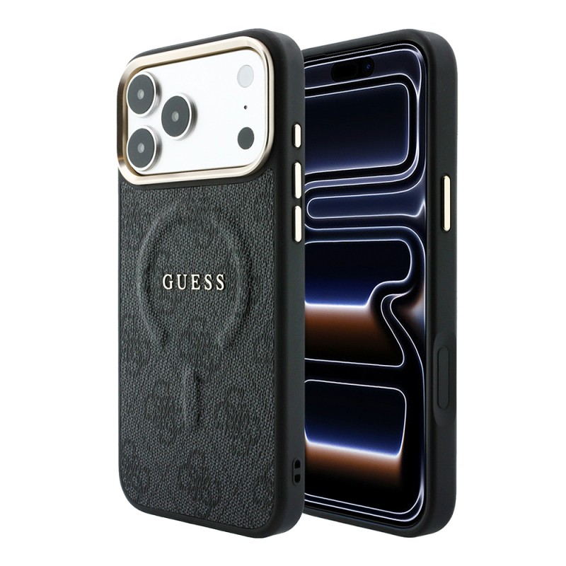 Apple iPhone 18 Pro Max Kılıf Guess Orjinal Lisanslı M-safe Şarj Özellikli Metal Kamera Çerçeveli C-Magnet 4G Desenli Yazı Logolu Kapak - 9