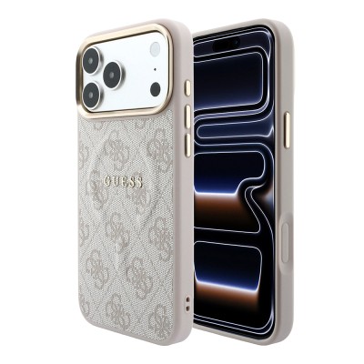 Apple iPhone 18 Pro Max Kılıf Guess Orjinal Lisanslı M-safe Şarj Özellikli Metal Kamera Çerçeveli C-Magnet 4G Desenli Yazı Logolu Kapak Pembe