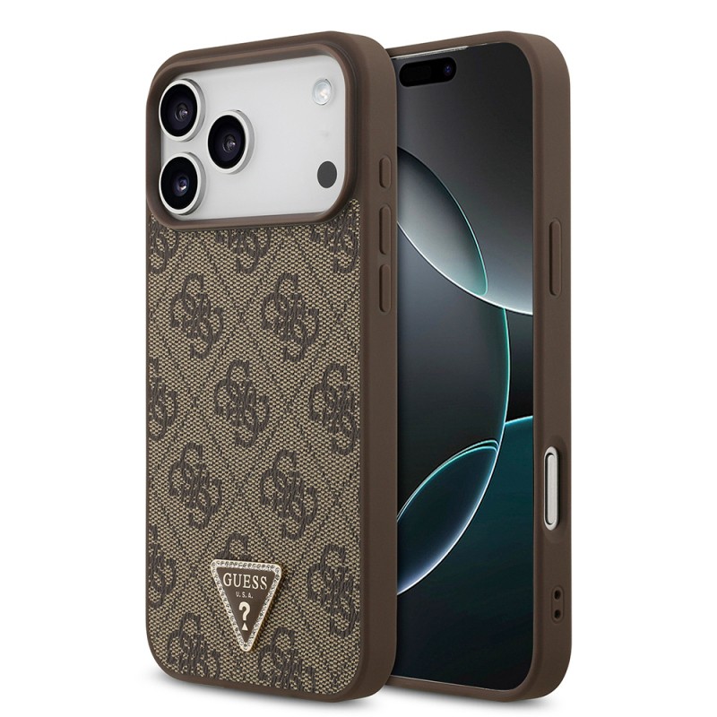 Apple iPhone 18 Pro Max Kılıf Guess Orjinal Lisanslı M-safe Şarj Özellikli PU Deri Taşlı Üçgen Logo 4G Desenli Strass Kapak - 1