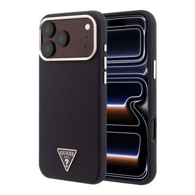 Apple iPhone 18 Pro Max Kılıf Guess Orjinal Lisanslı M-safe Şarj Özellikli PU Metal Üçgen Logolu Karbon Fiber Kevlar Kapak - Guess