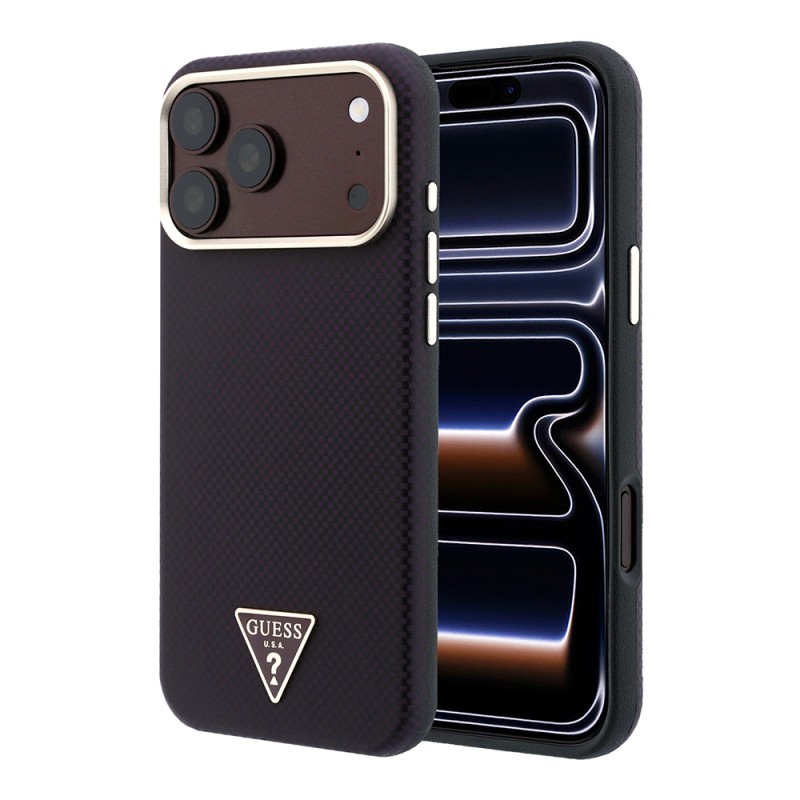 Apple iPhone 18 Pro Max Kılıf Guess Orjinal Lisanslı M-safe Şarj Özellikli PU Metal Üçgen Logolu Karbon Fiber Kevlar Kapak - 1