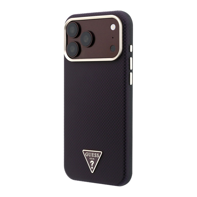 Apple iPhone 18 Pro Max Kılıf Guess Orjinal Lisanslı M-safe Şarj Özellikli PU Metal Üçgen Logolu Karbon Fiber Kevlar Kapak - 2