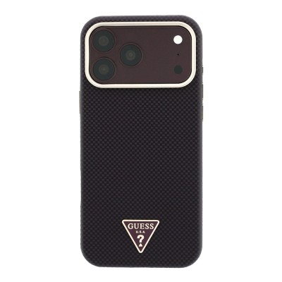 Apple iPhone 18 Pro Max Kılıf Guess Orjinal Lisanslı M-safe Şarj Özellikli PU Metal Üçgen Logolu Karbon Fiber Kevlar Kapak - 3