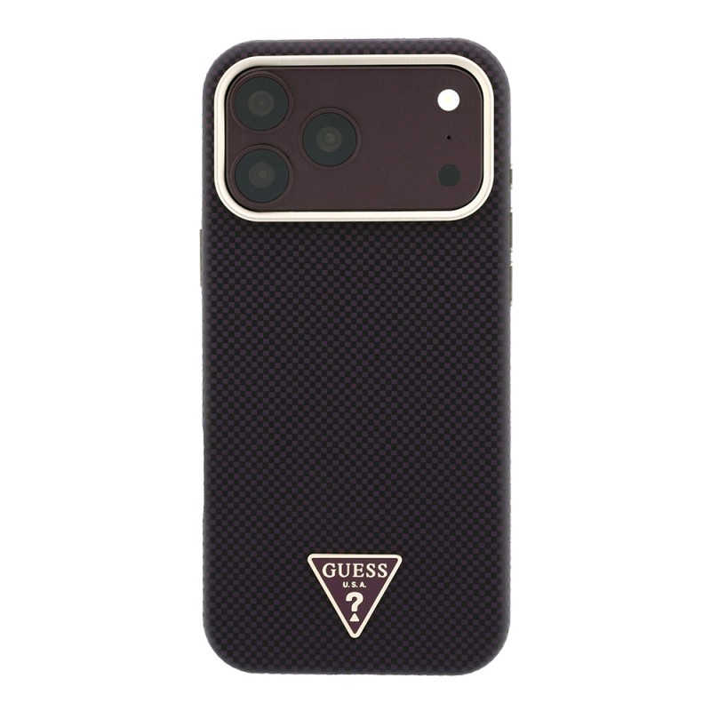 Apple iPhone 18 Pro Max Kılıf Guess Orjinal Lisanslı M-safe Şarj Özellikli PU Metal Üçgen Logolu Karbon Fiber Kevlar Kapak - 3