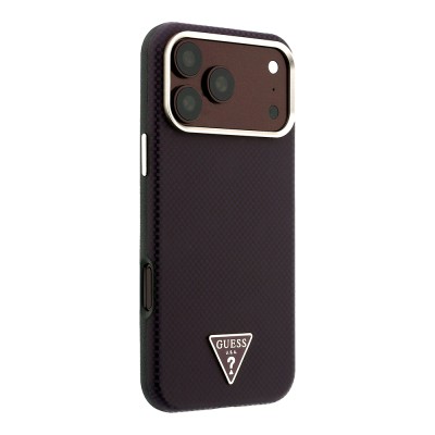 Apple iPhone 18 Pro Max Kılıf Guess Orjinal Lisanslı M-safe Şarj Özellikli PU Metal Üçgen Logolu Karbon Fiber Kevlar Kapak - 4