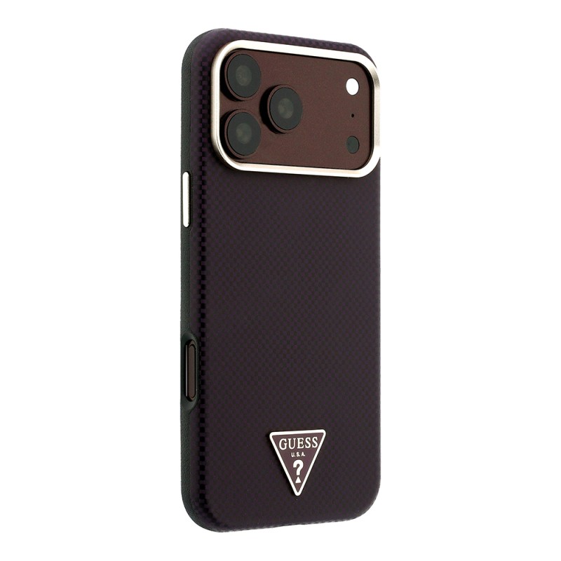 Apple iPhone 18 Pro Max Kılıf Guess Orjinal Lisanslı M-safe Şarj Özellikli PU Metal Üçgen Logolu Karbon Fiber Kevlar Kapak - 4