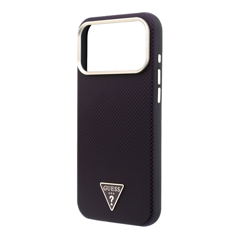 Apple iPhone 18 Pro Max Kılıf Guess Orjinal Lisanslı M-safe Şarj Özellikli PU Metal Üçgen Logolu Karbon Fiber Kevlar Kapak - 6