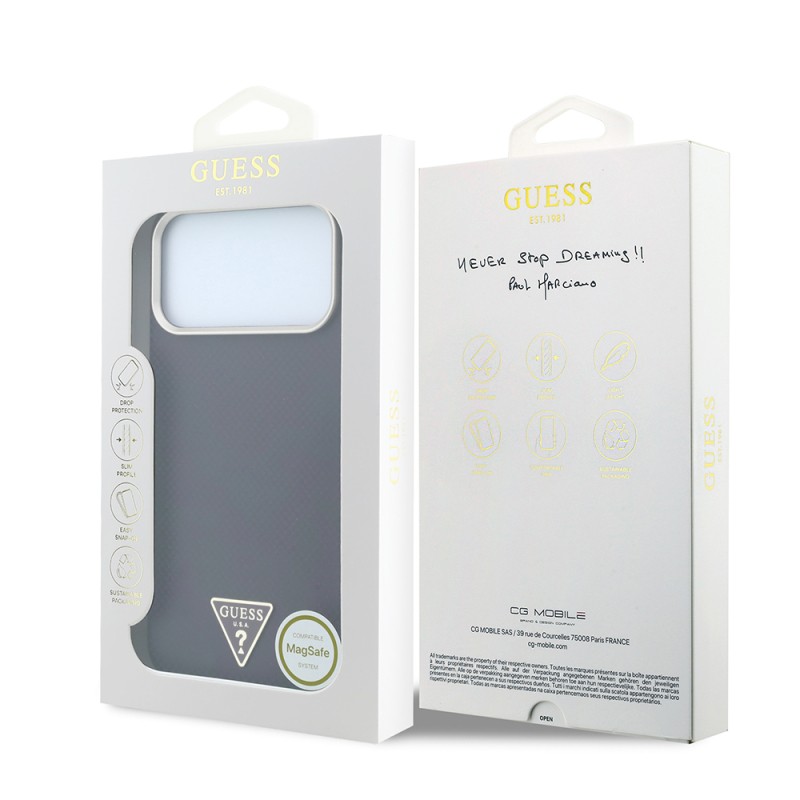 Apple iPhone 18 Pro Max Kılıf Guess Orjinal Lisanslı M-safe Şarj Özellikli PU Metal Üçgen Logolu Karbon Fiber Kevlar Kapak - 8