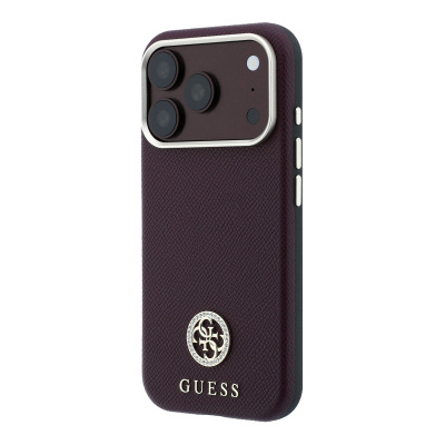 Apple iPhone 18 Pro Max Kılıf Guess Orjinal Lisanslı M-safe Şarj Özellikli PU Taşlı Metal 4G ve Yazı Logolu Kapak - 18