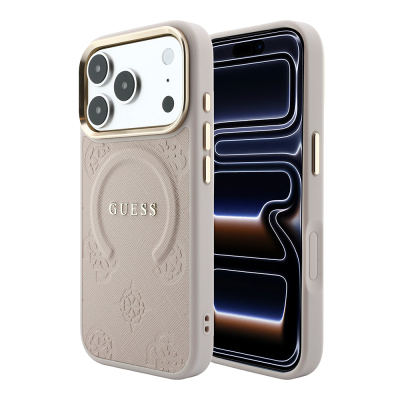Apple iPhone 18 Pro Max Kılıf Guess Orjinal Lisanslı M-safe Şarj Özellikli Sıcak Baskılı Yazı Logolu C-Magnet PU Deri Peony Kapak - Guess