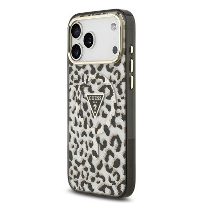Apple iPhone 18 Pro Max Kılıf Guess Orjinal Lisanslı M-safe Şarj Özellikli Üçgen Logolu Simli Leopar Desenli Kapak - 5