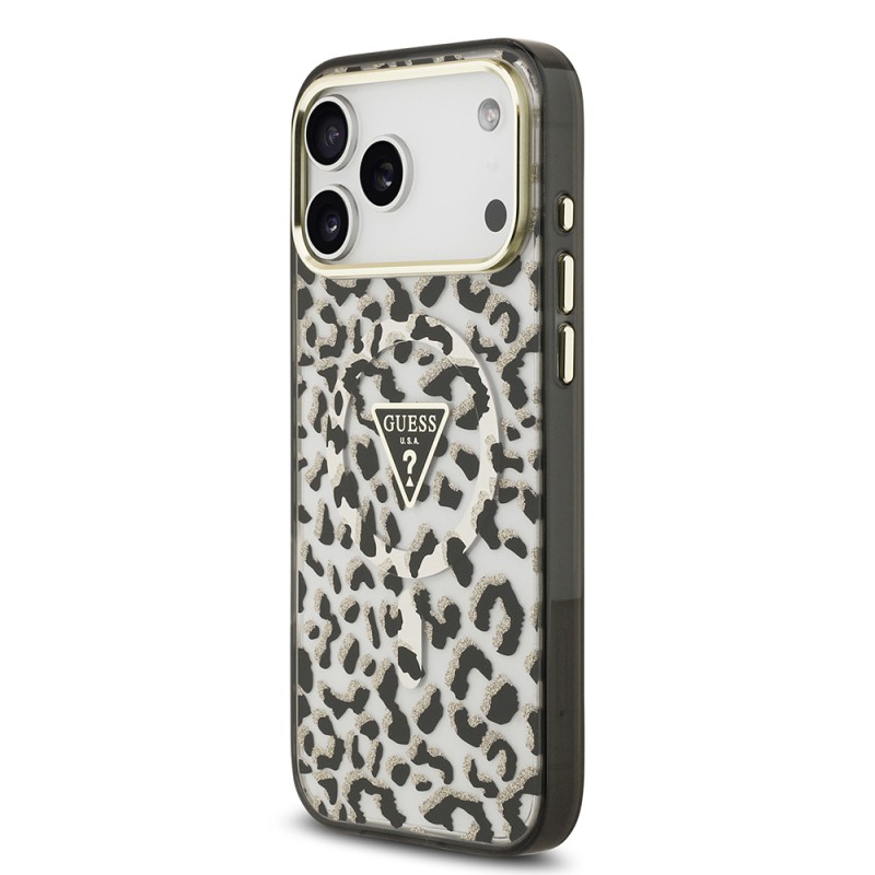 Apple iPhone 18 Pro Max Kılıf Guess Orjinal Lisanslı M-safe Şarj Özellikli Üçgen Logolu Simli Leopar Desenli Kapak - 5