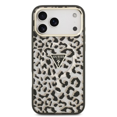 Apple iPhone 18 Pro Max Kılıf Guess Orjinal Lisanslı M-safe Şarj Özellikli Üçgen Logolu Simli Leopar Desenli Kapak - 6