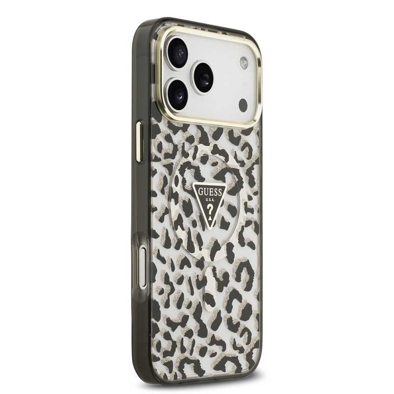 Apple iPhone 18 Pro Max Kılıf Guess Orjinal Lisanslı M-safe Şarj Özellikli Üçgen Logolu Simli Leopar Desenli Kapak - 7