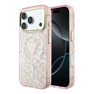 Apple iPhone 18 Pro Max Kılıf Guess Orjinal Lisanslı M-safe Şarj Özellikli Üçgen Logolu Simli Leopar Desenli Kapak - 4