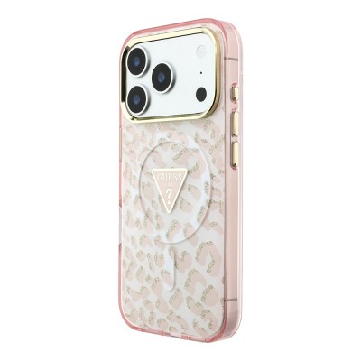 Apple iPhone 18 Pro Max Kılıf Guess Orjinal Lisanslı M-safe Şarj Özellikli Üçgen Logolu Simli Leopar Desenli Kapak - 12