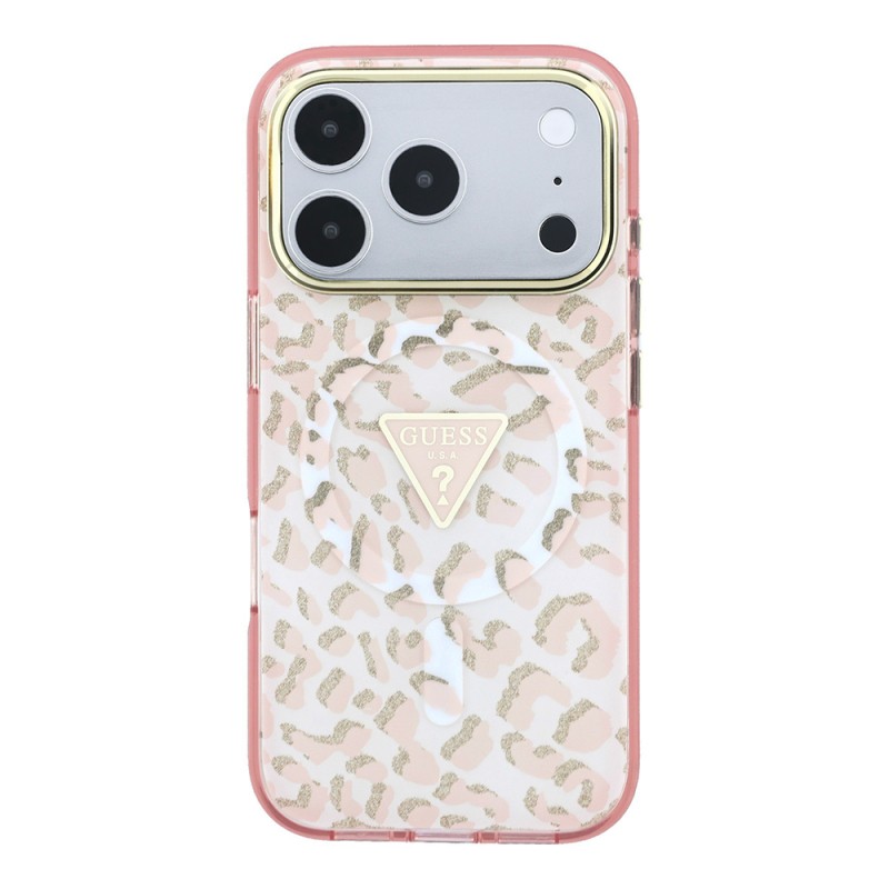 Apple iPhone 18 Pro Max Kılıf Guess Orjinal Lisanslı M-safe Şarj Özellikli Üçgen Logolu Simli Leopar Desenli Kapak - 13