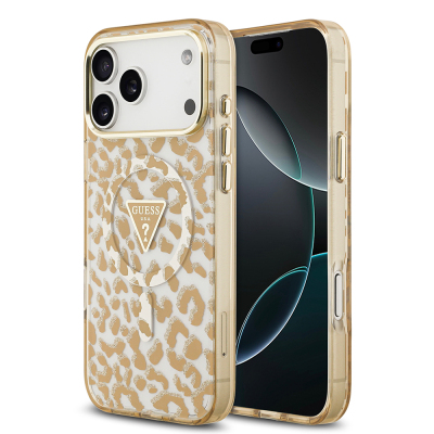 Apple iPhone 18 Pro Max Kılıf Guess Orjinal Lisanslı M-safe Şarj Özellikli Üçgen Logolu Simli Leopar Desenli Kapak - Guess