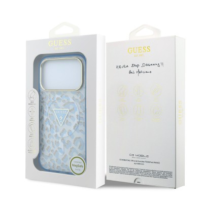Apple iPhone 18 Pro Max Kılıf Guess Orjinal Lisanslı M-safe Şarj Özellikli Üçgen Logolu Simli Leopar Desenli Kapak - 32