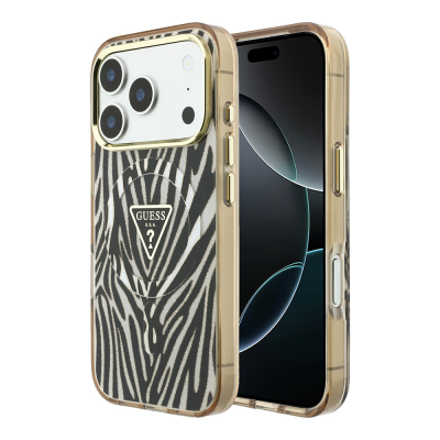 Apple iPhone 18 Pro Max Kılıf Guess Orjinal Lisanslı M-safe Şarj Özellikli Üçgen Logolu Zebra Desenli Silikon Kapak - Guess