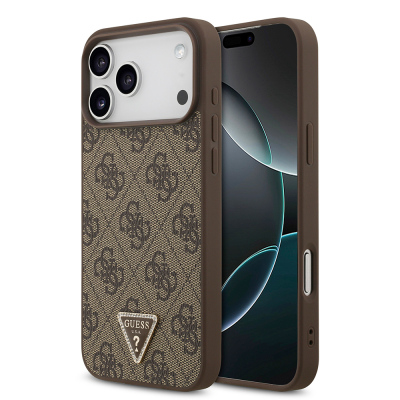Apple iPhone 18 Pro Max Kılıf Guess Orjinal Lisanslı M-safe Şarj Özllikli PU Deri Taşlı Üçgen Logo 4G Desenli Strass Kapak - Guess