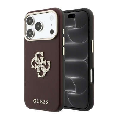 Apple iPhone 18 Pro Max Kılıf Guess Orjinal Lisanslı Metal Kamera Çerçeveli 4G Büyük Taşlı Resin Logolu PU Kapak