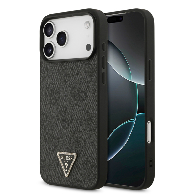 Apple iPhone 18 Pro Max Kılıf Guess Orjinal Lisanslı PU Deri Taşlı Üçgen Logo 4G Desenli Strass Kapak - Guess