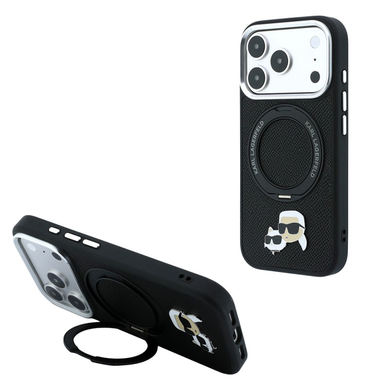 Apple iPhone 18 Pro Max Kılıf Karl Lagerfeld Orjinal Lisanslı M-Safe Şarj Özellikli K&C Heads Pin Metal Logolu PU 360 Derece Dönebilen Standlı Kapak - 2