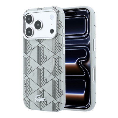 Apple iPhone 18 Pro Max Kılıf Lacoste Orjinal Lisanslı M-safe Şarj Özellikli Metal Logolu Deri Karışık Monogram Desenli Kapak - Lacoste