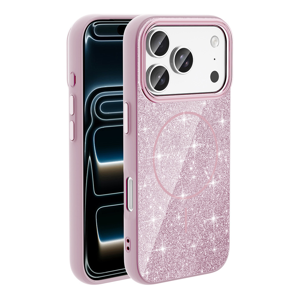 Apple iPhone 18 Pro Max Kılıf M-safe Şarj Özellikli Parlayan Simli Zore Okso Kapak - Pembe