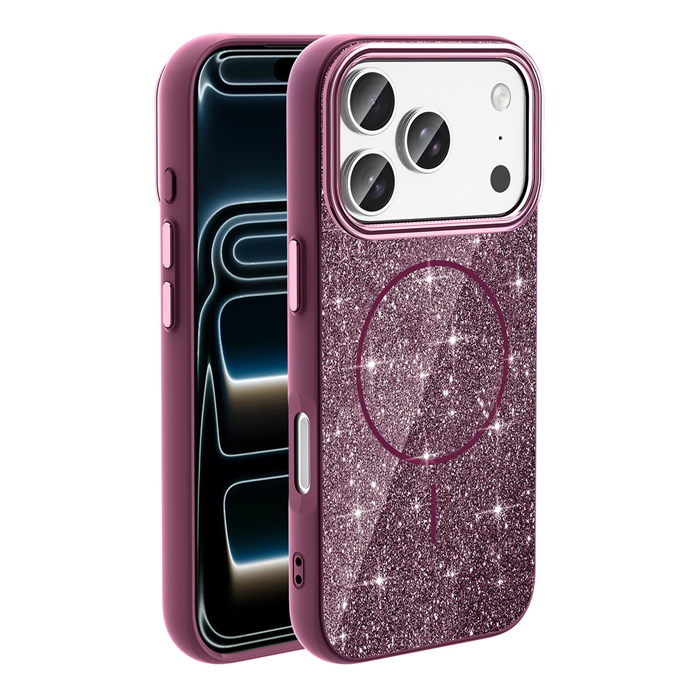 Apple iPhone 18 Pro Max Kılıf M-safe Şarj Özellikli Parlayan Simli Zore Okso Kapak - Bordo