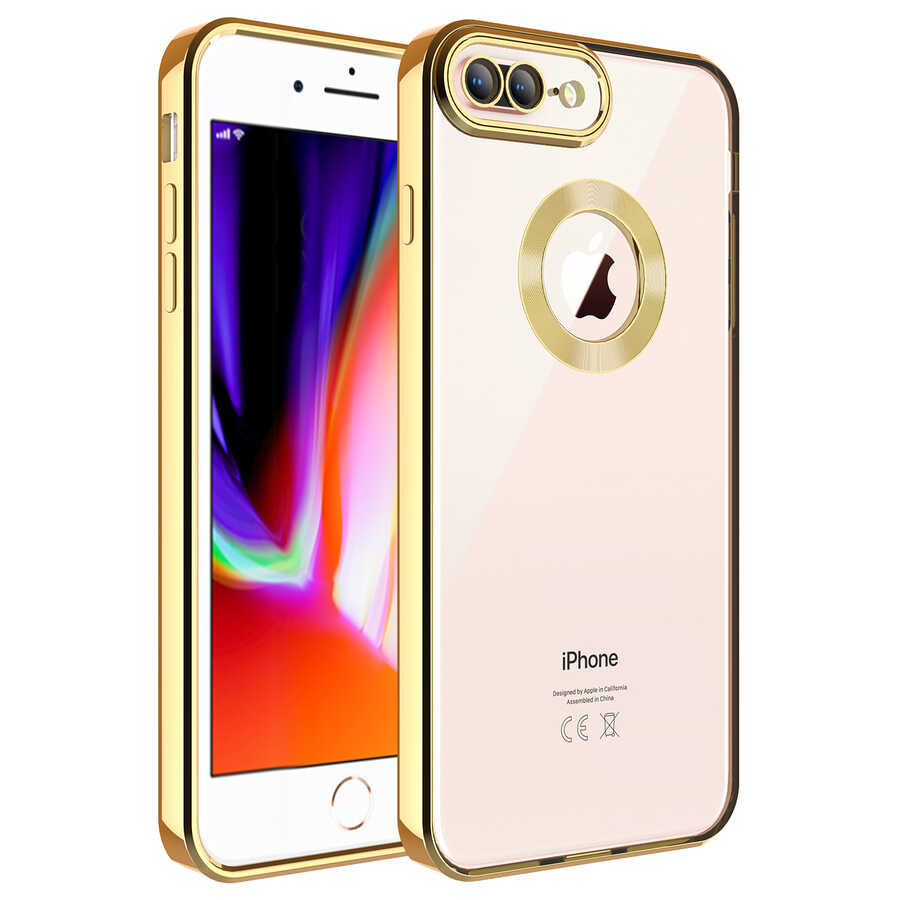 Apple iPhone 8 Plus Kılıf Kamera Korumalı Logo Gösteren Zore Omega Kapak - Gold