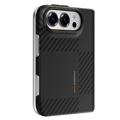 Apple iPhone Duo (Fold) Kılıf M-safe Şarj Özellikli Metal Kamera Çerçeveli Raptic Aramid SkinPro Mondrian Serisi Karbon Kapak - Raptic