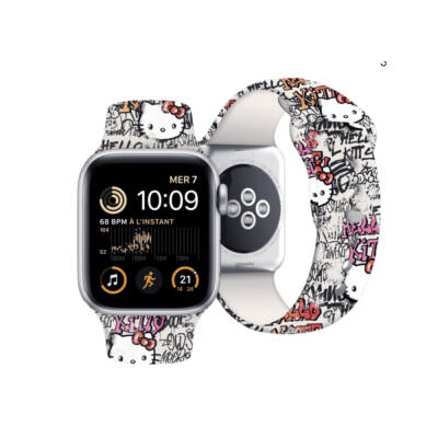 Apple Watch 40mm Hello Kitty Orjinal Lisanslı Etiket Graffiti Silikon Kordon - Hello Kitty