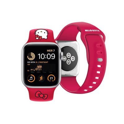 Apple Watch 41mm Hello Kitty Orjinal Lisanslı Yazı Logolu Fiyonk & Kitty Head Silikon Kordon - Hello Kitty