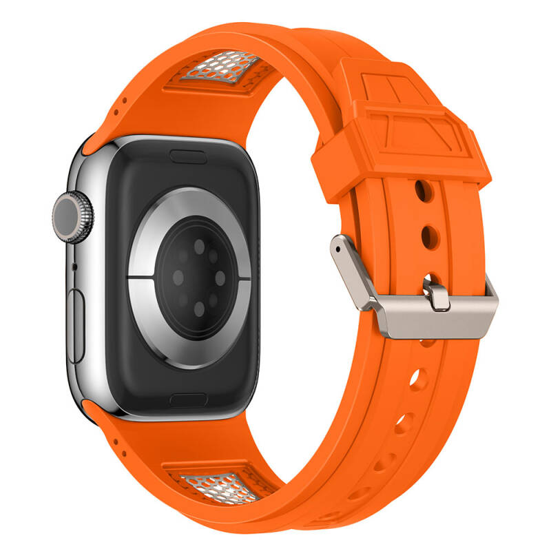 Apple Watch 44mm Zore KRD-117 Breathable Perforated Metal Decorated Patterned Silicone Band - 8