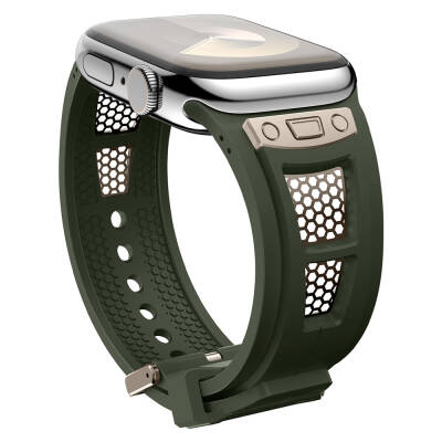 Apple Watch 44mm Zore KRD-117 Breathable Perforated Metal Decorated Patterned Silicone Band - 13