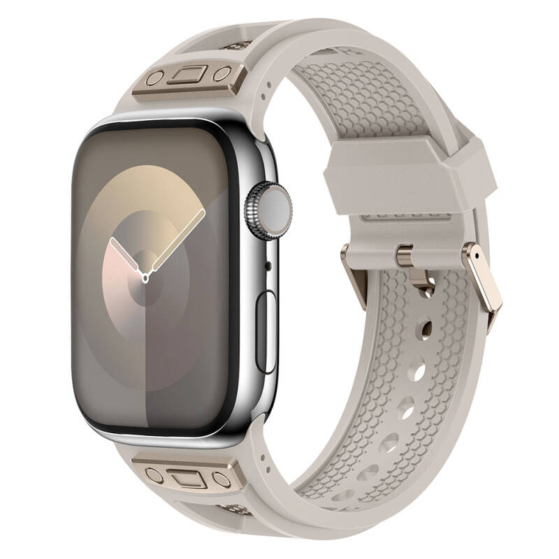 Apple Watch 44mm Zore KRD-117 Breathable Perforated Metal Decorated Patterned Silicone Band - 1