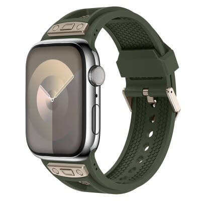 Apple Watch 44mm Zore KRD-117 Breathable Perforated Metal Decorated Patterned Silicone Band - 2
